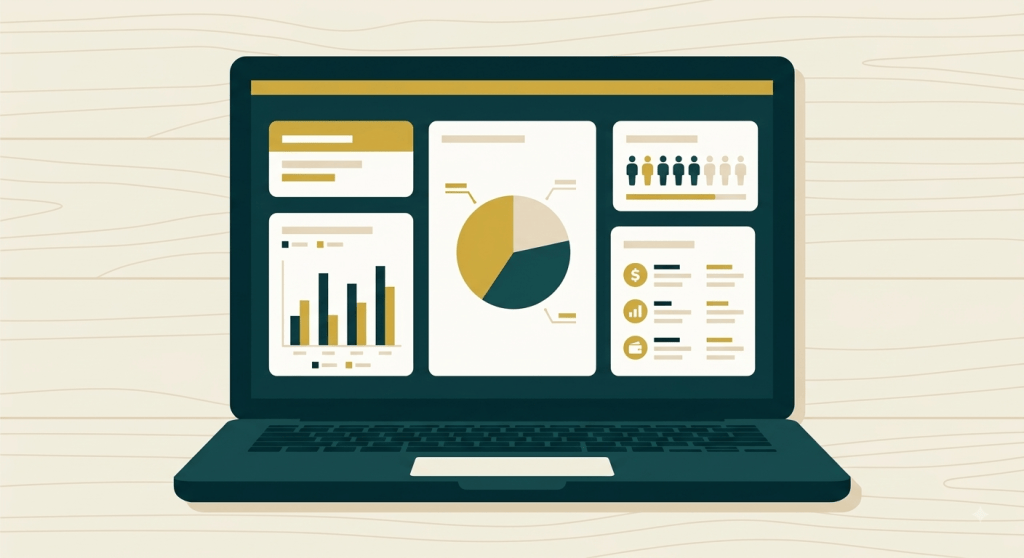 Finanz-Dashboard auf Laptop mit Diagrammen, Tortengrafik und Kennzahlenübersicht