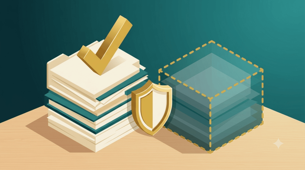 Stapel Dokumente mit goldenem Haken für Pflicht-Versicherungen neben transparentem Stapel mit gestricheltem Rahmen für freiwillige Versicherungen