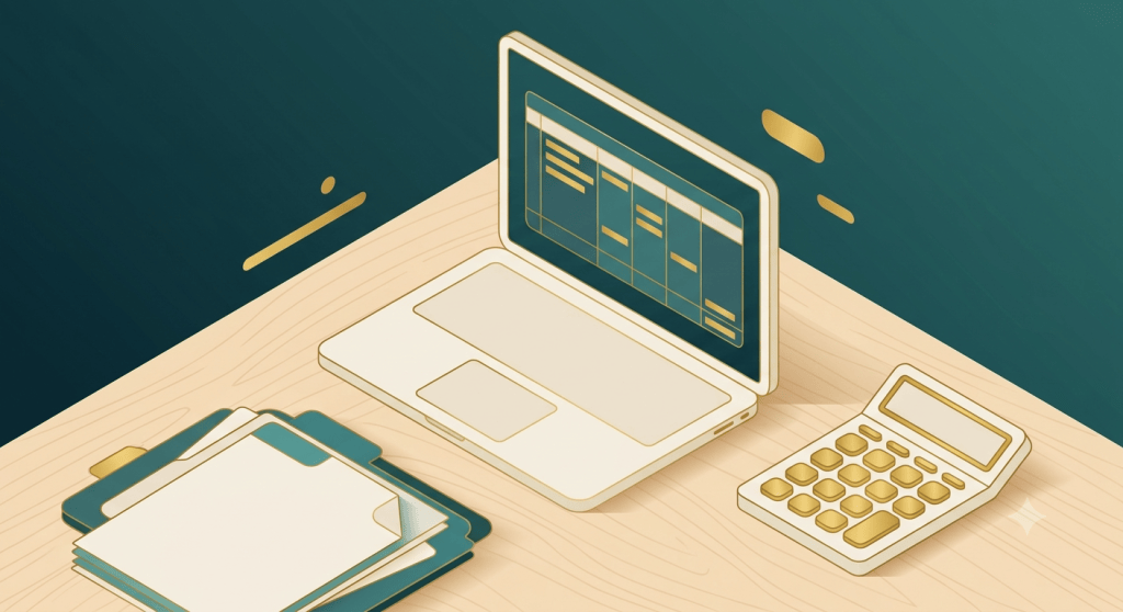 Isometrische Illustration eines Laptops mit Tabellenübersicht, Belegordnern und Taschenrechner auf einem Schreibtisch als Symbol für die EÜR-Gewinnermittlung