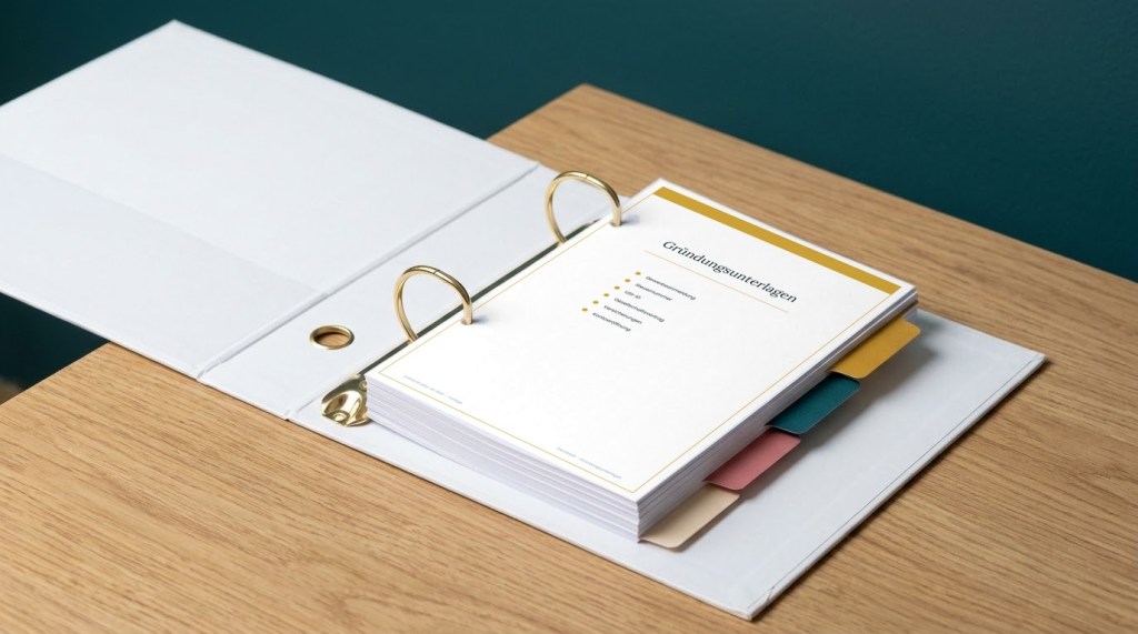 Geöffneter Aktenordner mit Trennblatt Gründungsunterlagen obenauf und farbigen Registern in Gold, Teal, Rosé und Beige