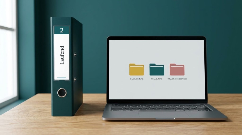 Aktenordner mit Rückenschild 2 Laufend neben einem Laptop, auf dem Bildschirm die Ordner 01_Gruendung, 02_Laufend und 03_Jahresabschluss